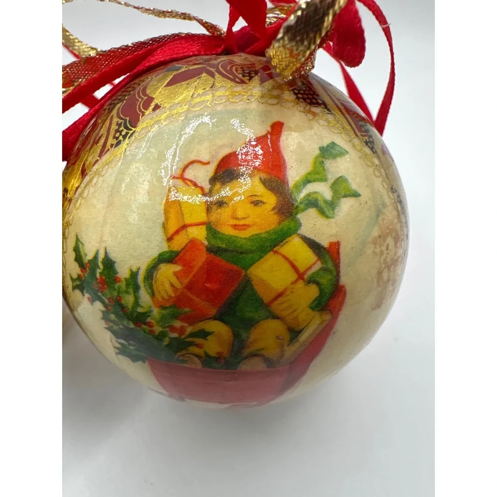 Vintage Style Decoupage Christmas Ornaments Santa and Elf Gold Foil Set of 2